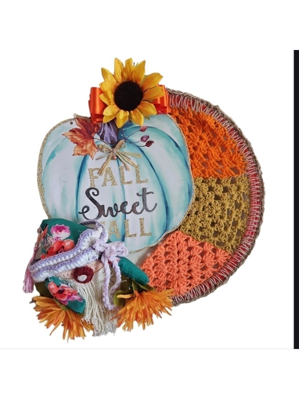 Handcrafted holiday wreath fall crochet pumpkin wall decor floral gnome collage